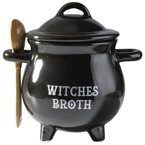 WITCHES CAULDRON BOWL W/ BROOM SPOON C/36